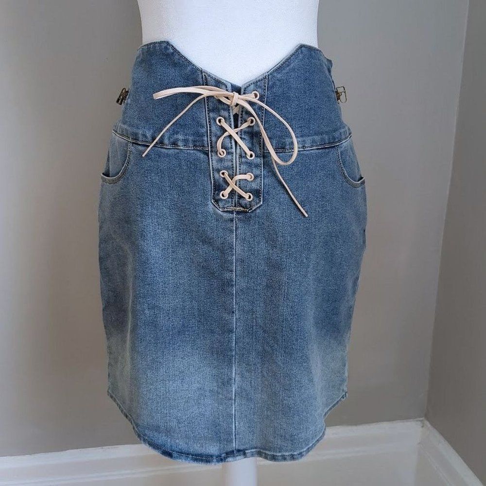 Vintage y2k Venus Denim Mini Skirt Lace Front Preppy Britney Size 6
